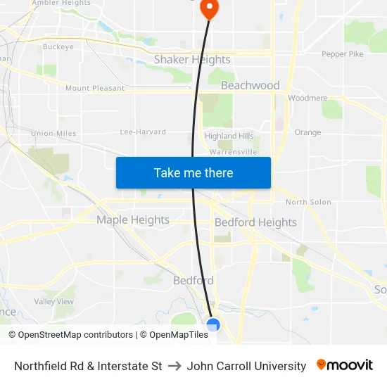 Northfield Rd & Interstate St to John Carroll University map