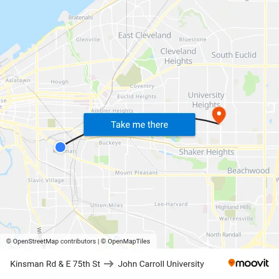 Kinsman Rd & E 75th St to John Carroll University map