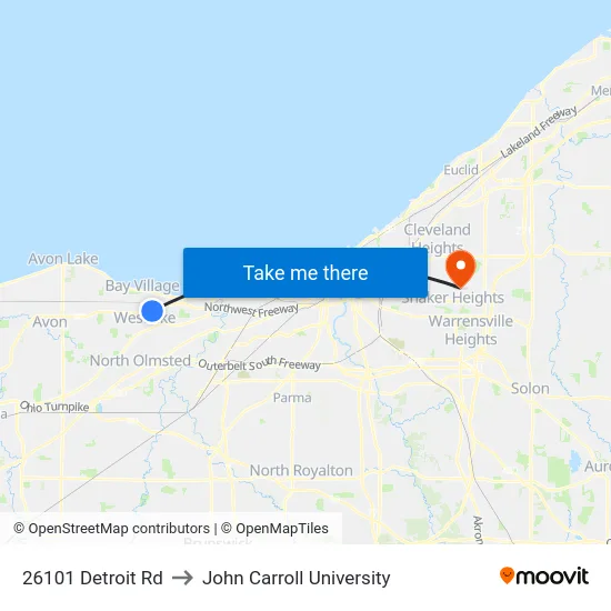 26101 Detroit Rd to John Carroll University map