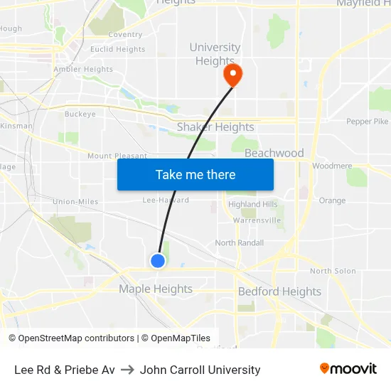 Lee Rd & Priebe Av to John Carroll University map