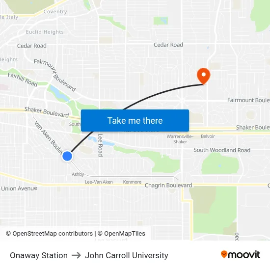 Onaway Station to John Carroll University map