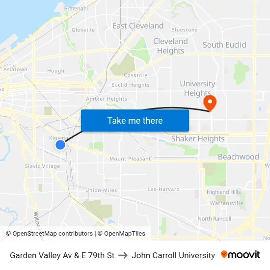 Garden Valley Av & E 79th St to John Carroll University map