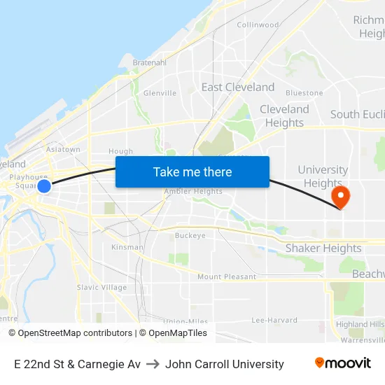 E 22nd St & Carnegie Av to John Carroll University map