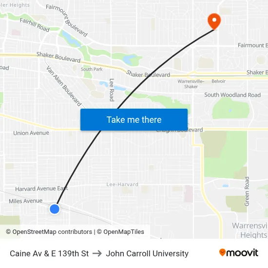 Caine Av & E 139th St to John Carroll University map