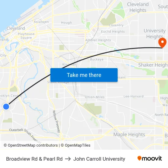 Broadview Rd & Pearl Rd to John Carroll University map