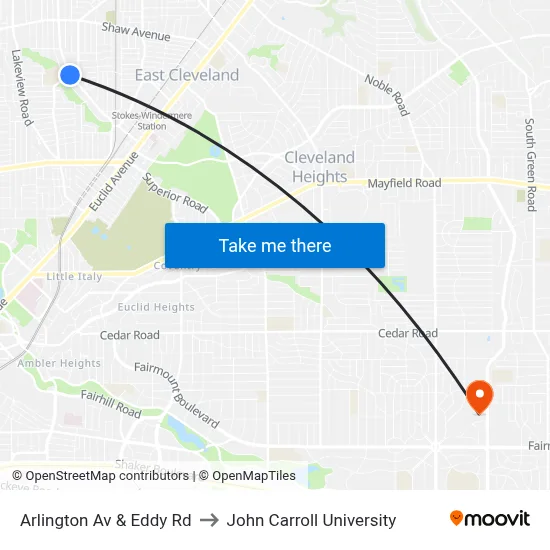 Arlington Av & Eddy Rd to John Carroll University map