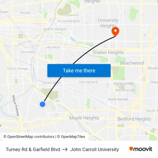 Turney Rd & Garfield Blvd to John Carroll University map