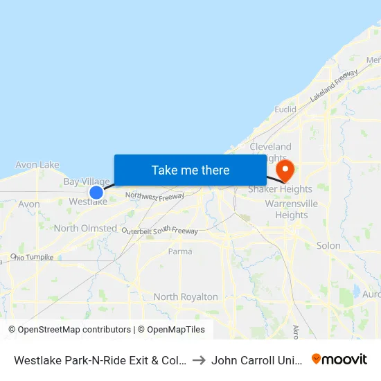 Westlake Park-N-Ride Exit & Columbia Rd to John Carroll University map