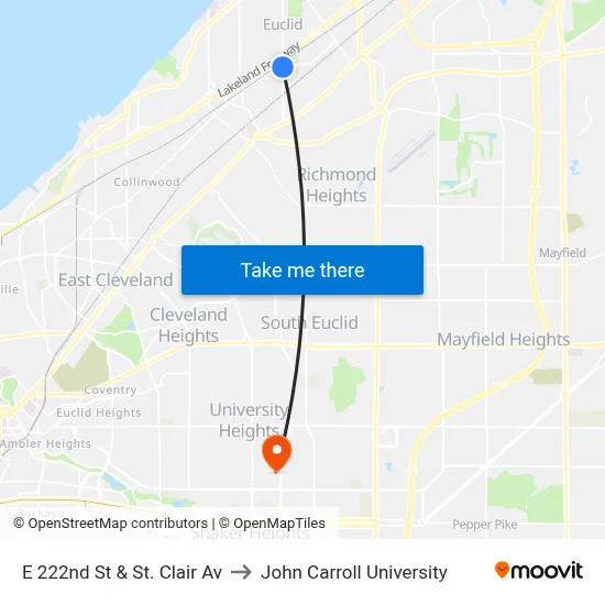 E 222nd St & St. Clair Av to John Carroll University map