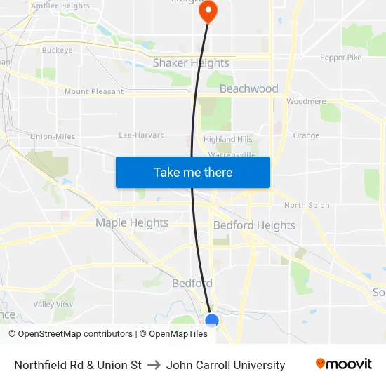 Northfield Rd & Union St to John Carroll University map