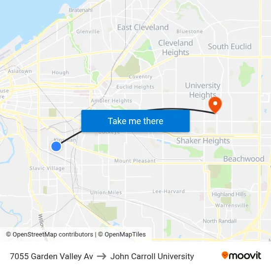 7055 Garden Valley Av to John Carroll University map