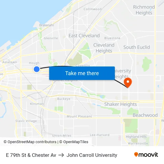 E 79th St & Chester Av to John Carroll University map
