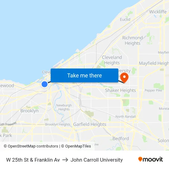 W 25th St & Franklin Av to John Carroll University map