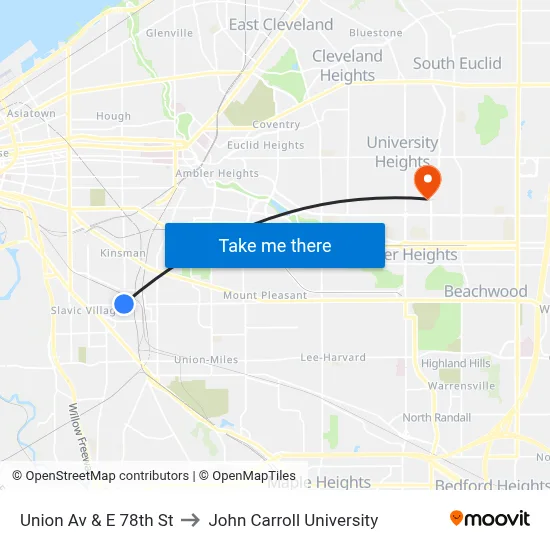 Union Av & E 78th St to John Carroll University map