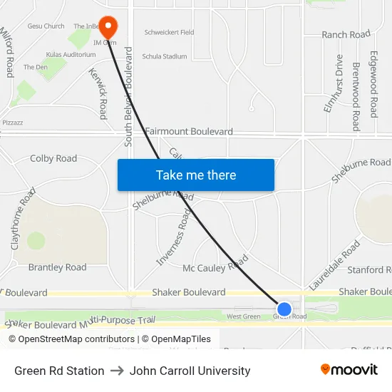 Green Rd Station to John Carroll University map