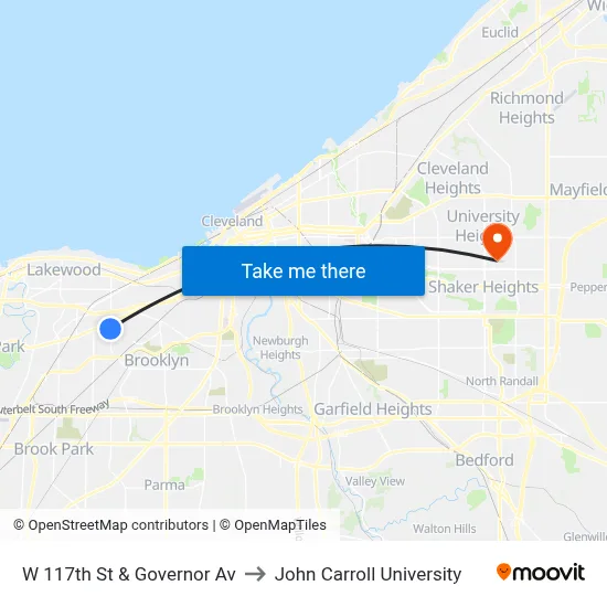 W 117th St & Governor Av to John Carroll University map