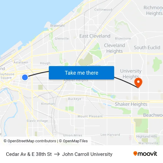 Cedar Av & E 38th St to John Carroll University map