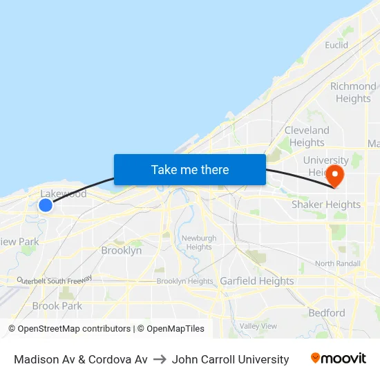 Madison Av & Cordova Av to John Carroll University map