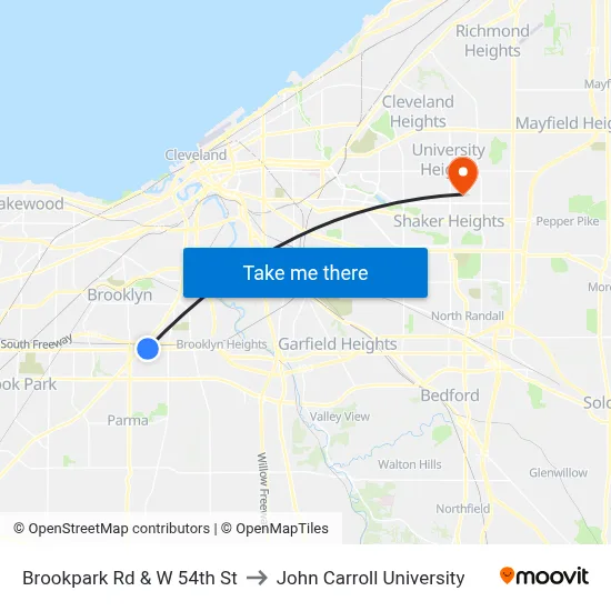 Brookpark Rd & W 54th St to John Carroll University map