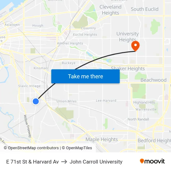 E 71st St & Harvard Av to John Carroll University map