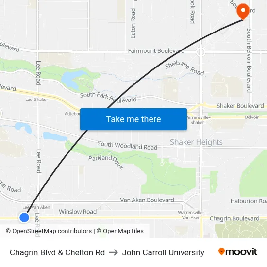 Chagrin Blvd & Chelton Rd to John Carroll University map