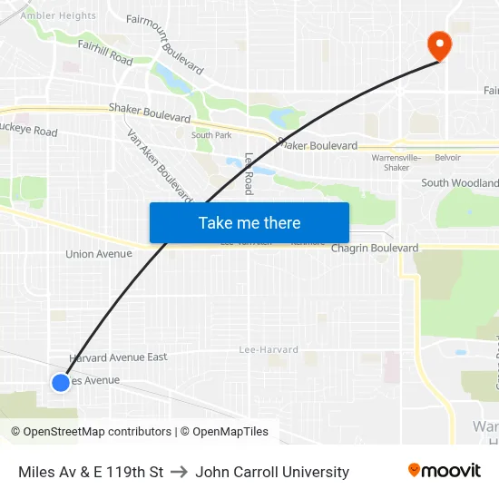 Miles Av & E 119th St to John Carroll University map