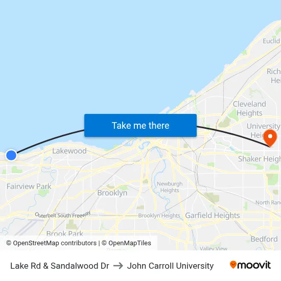 Lake Rd & Sandalwood Dr to John Carroll University map