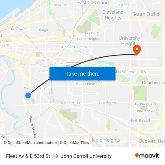 Fleet Av & E 53rd St to John Carroll University map