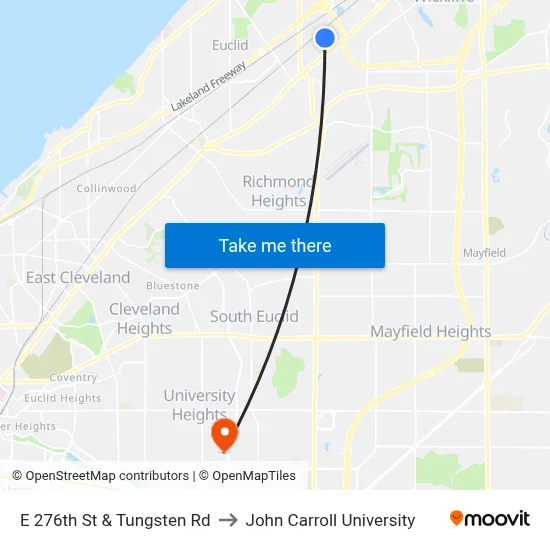 E 276th St & Tungsten Rd to John Carroll University map