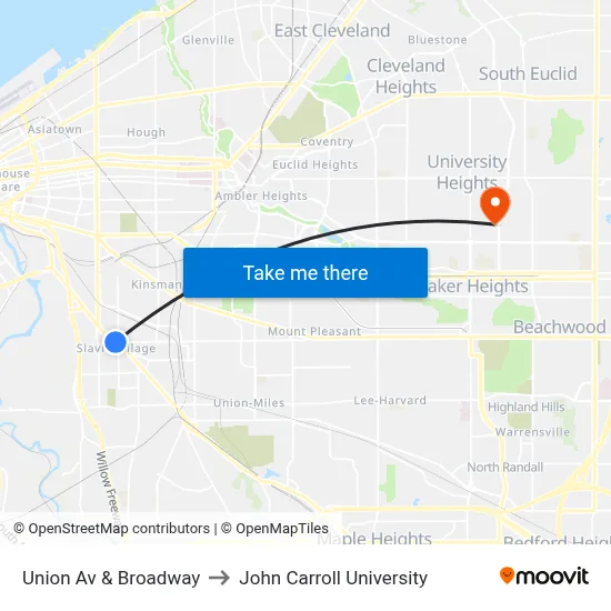 Union Av & Broadway to John Carroll University map