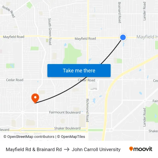 Mayfield Rd & Brainard Rd to John Carroll University map