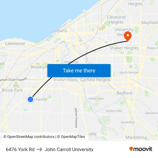 6476 York Rd to John Carroll University map