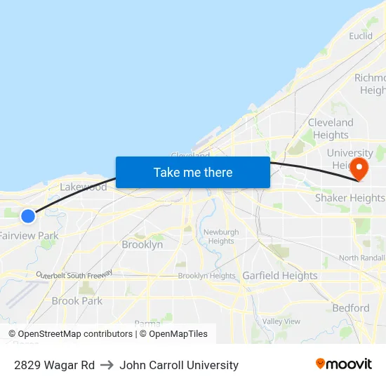 2829 Wagar Rd to John Carroll University map