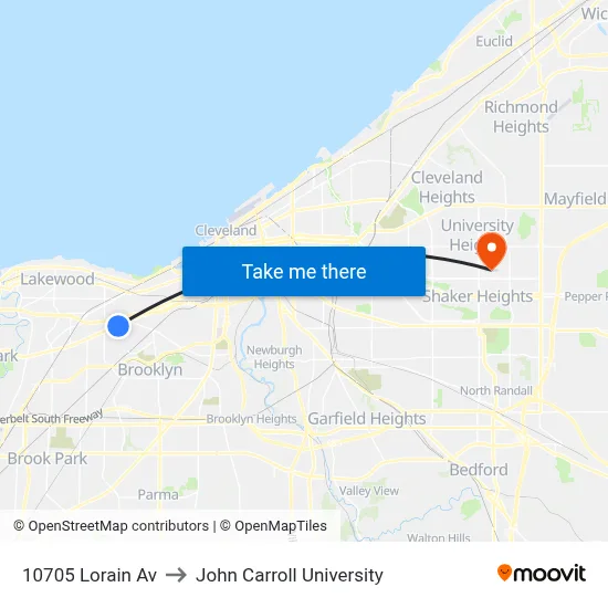 10705 Lorain Av to John Carroll University map