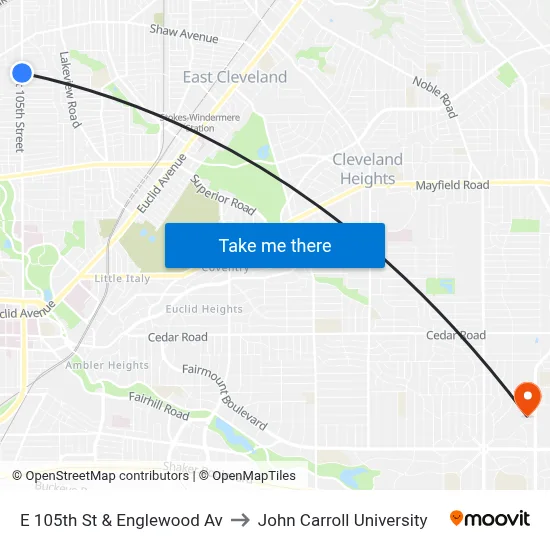 E 105th St & Englewood Av to John Carroll University map
