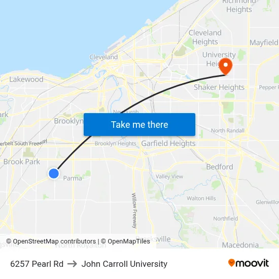 6257 Pearl Rd to John Carroll University map