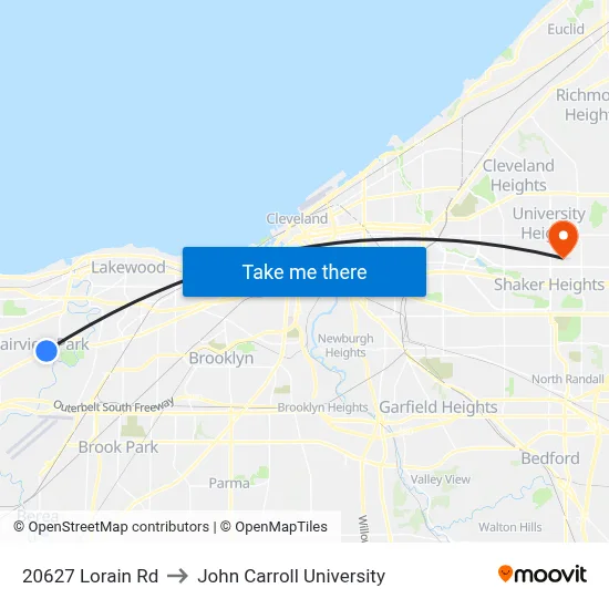 20627 Lorain Rd to John Carroll University map