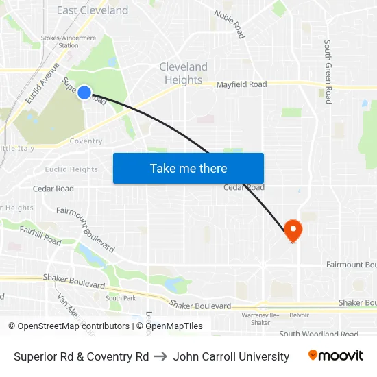 Superior Rd & Coventry Rd to John Carroll University map