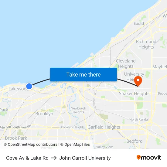 Cove Av & Lake Rd to John Carroll University map