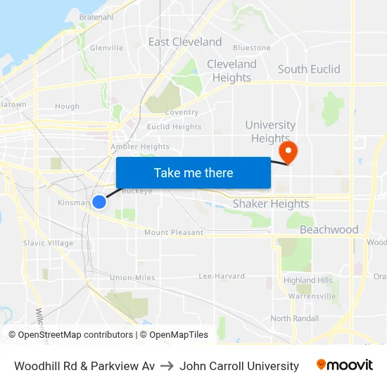 Woodhill Rd & Parkview Av to John Carroll University map