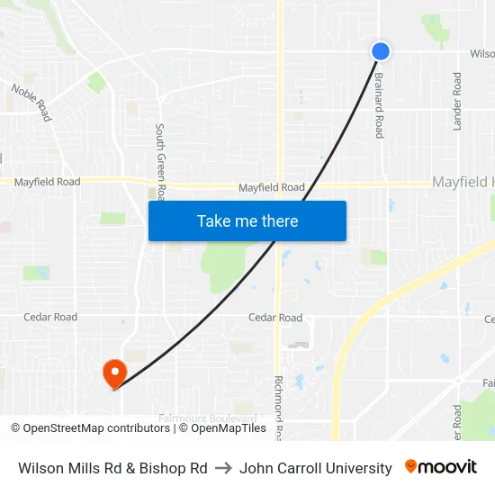 Wilson Mills Rd & Bishop Rd to John Carroll University map