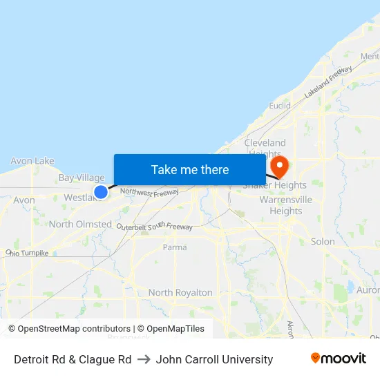 Detroit Rd & Clague Rd to John Carroll University map