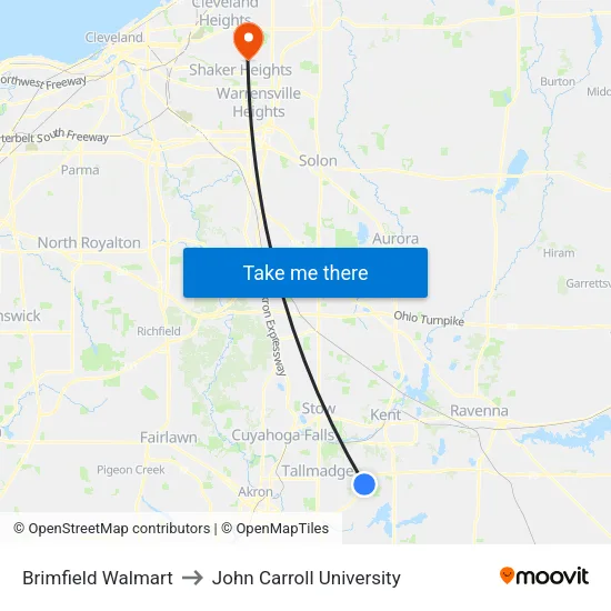 Brimfield Walmart to John Carroll University map