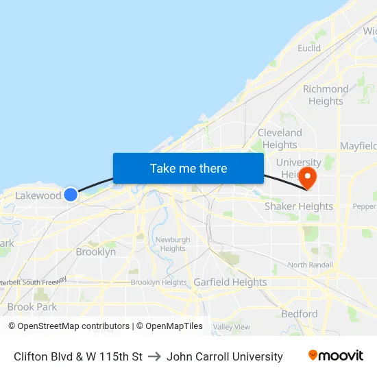 Clifton Blvd & W 115th St to John Carroll University map