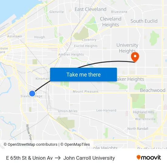 E 65th St & Union Av to John Carroll University map