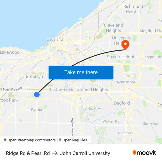 Ridge Rd & Pearl Rd to John Carroll University map