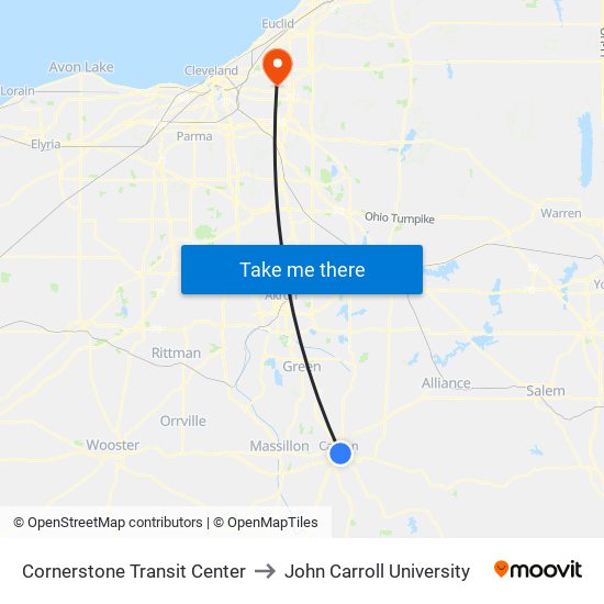 Cornerstone Transit Center to John Carroll University map