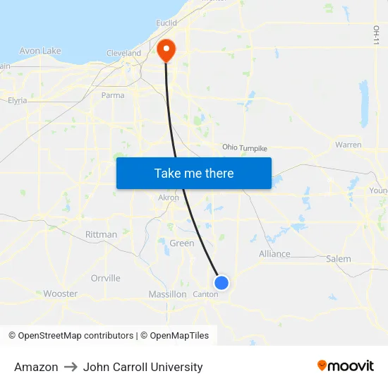 Amazon to John Carroll University map
