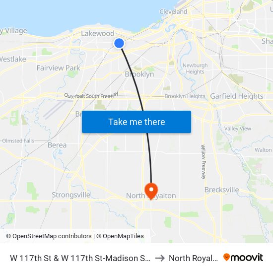 W 117th St & W 117th St-Madison Station to North Royalton map