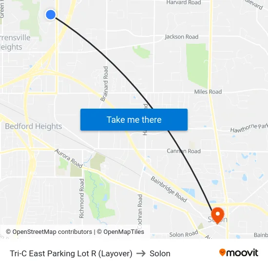 Tri-C East Parking Lot R (Layover) to Solon map